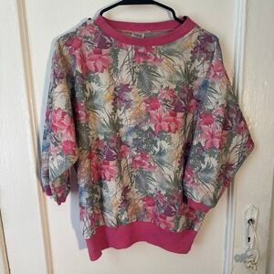 Vtg 80s Cottagecore Floral Sweatshirt Pink Tropical Lily Made in USA sz 42
